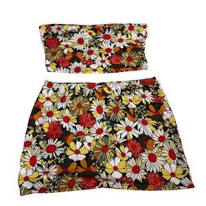 Retro 70's Groovy Daisy Skort Set Matching Tube Top Mini Skirt Shorts Festival